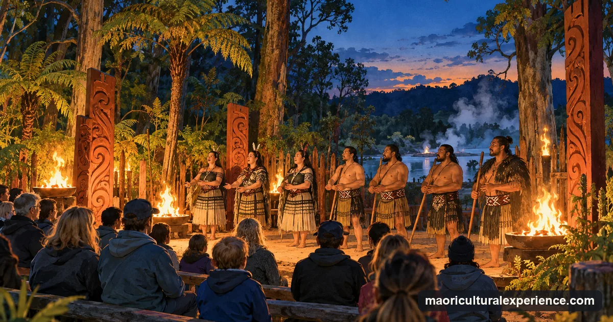 Illustration: guests seated in a forest clearing at dusk watching a Māori cultural performance lit by bonfires, tall trees around them
