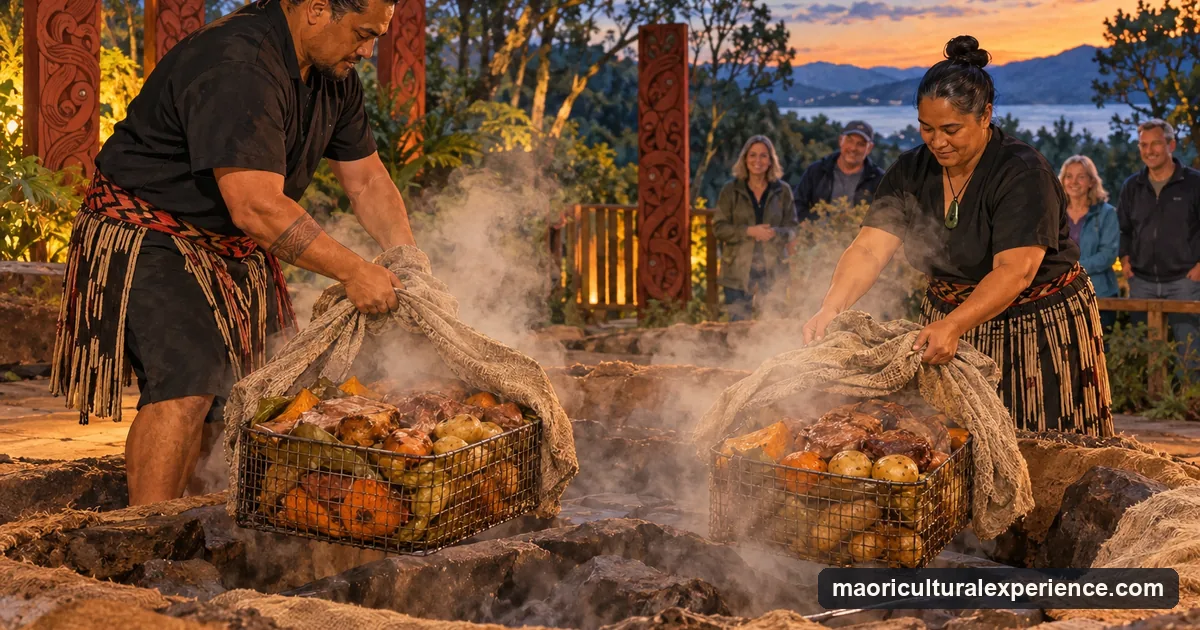 Illustration: cooks lifting cloth-covered baskets of food out of a steaming earth oven, with meat and vegetables inside