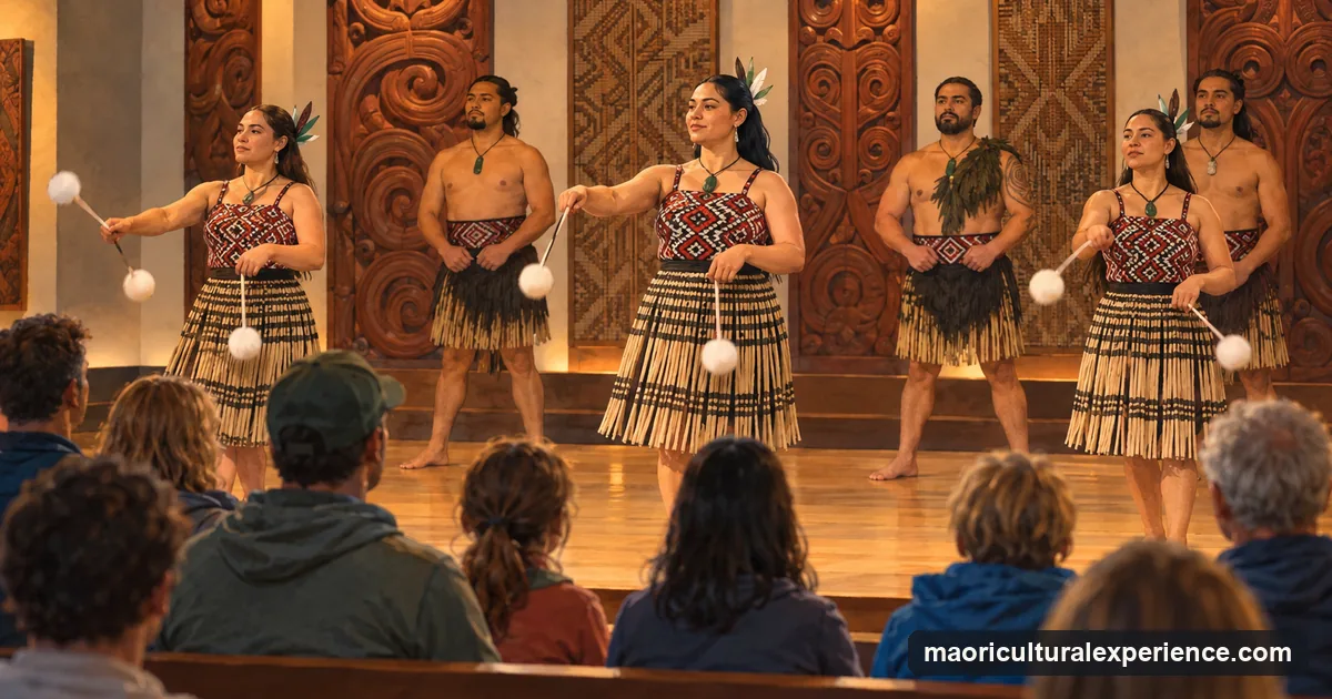 Illustration: an audience watching a Māori cultural performance with poi in a museum hall, carved panels on the wall behind the performers