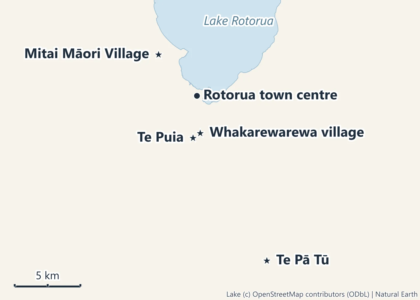 Map of Rotorua with Lake Rotorua, the town centre, Mitai Māori Village on Fairy Springs Road, Te Pā Tū south of the town, and Te Puia and Whakarewarewa village beside the geothermal valley