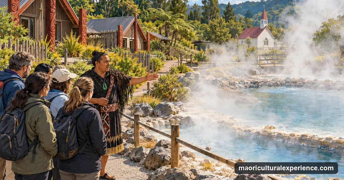Illustration: a guide showing visitors a steaming geothermal pool beside wooden houses in a Rotorua village, steam rising over the path