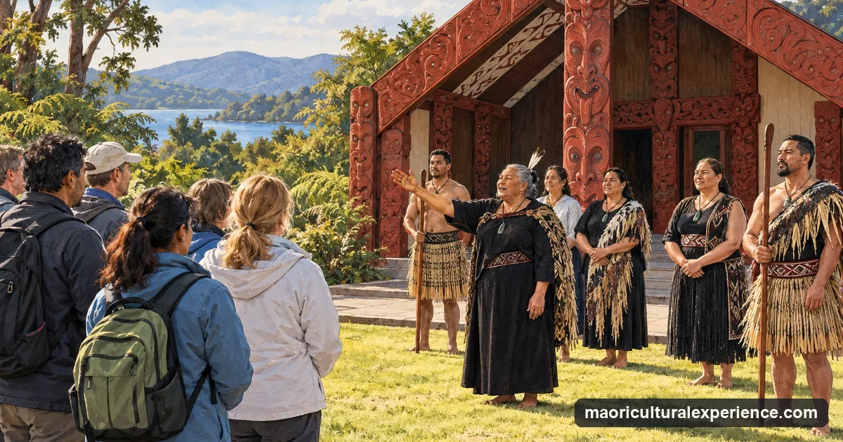 Illustration: visitors standing in front of a carved meeting house while their hosts welcome them, a woman of the hosts calling out across the open ground