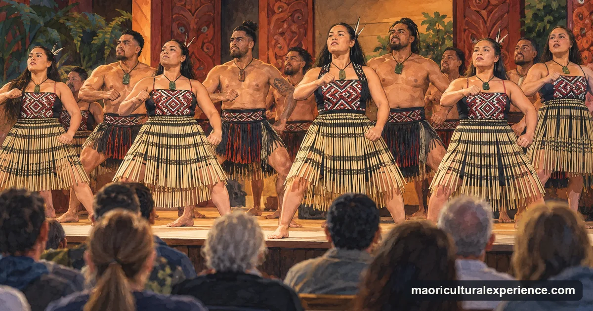 Illustration: a group of Māori performers in traditional dress performing a haka in rows on a stage, an audience seated in front